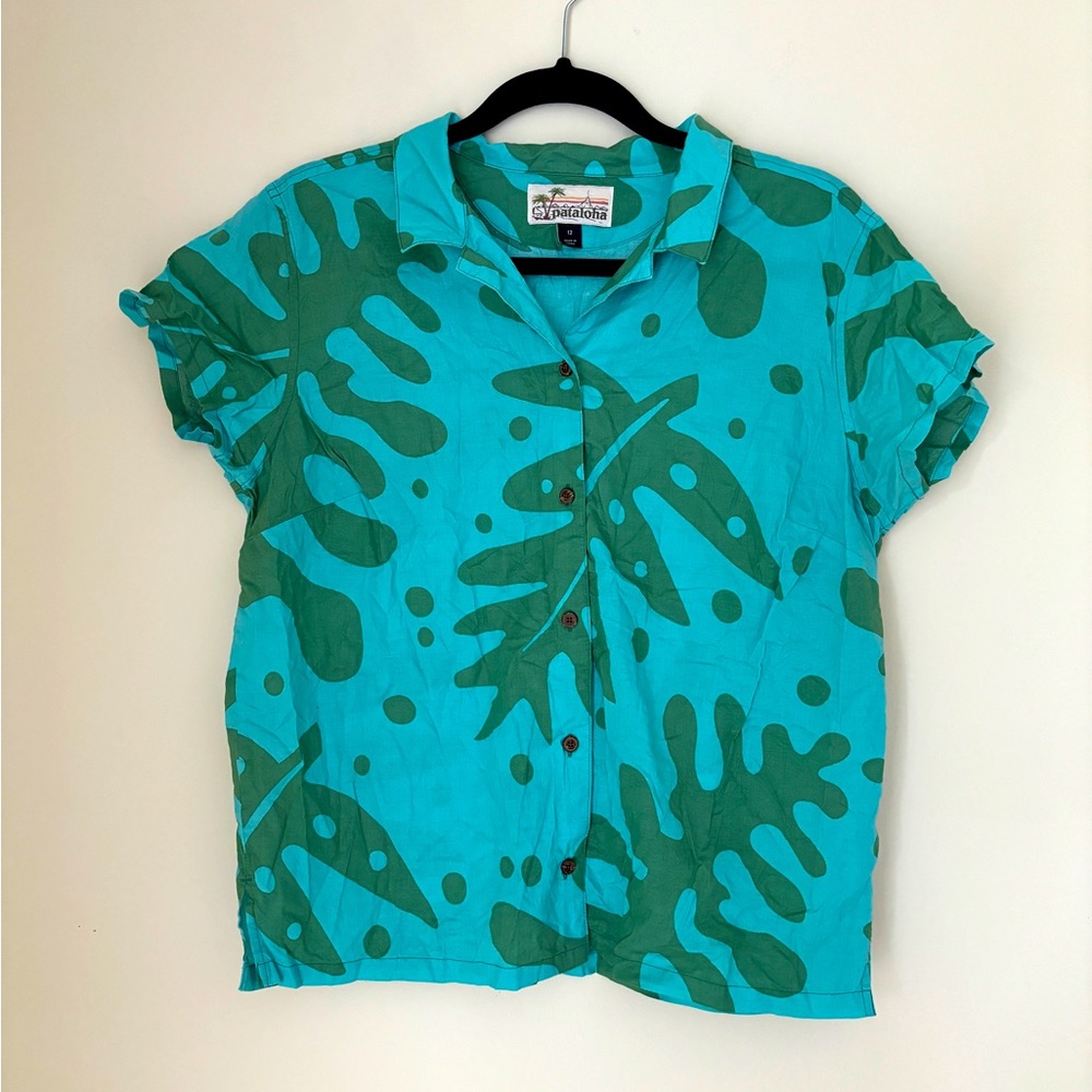 Patagonia Pataloha Button Front Shirt Womens 12 Large Blue Green Monstera Leaves